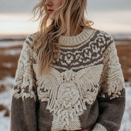 Fair Isle Style Ladies Round Neck Aran Sweater elevenforest