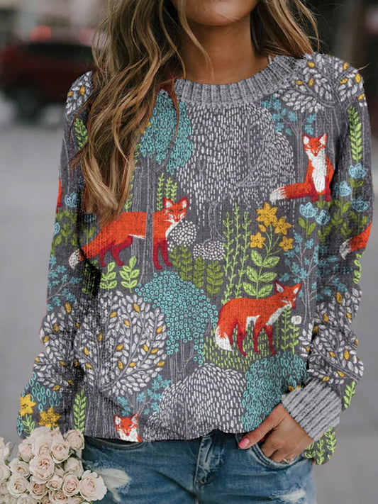 Fox in the Forest Crew Neck Cozy Knit Sweater artswardrobe
