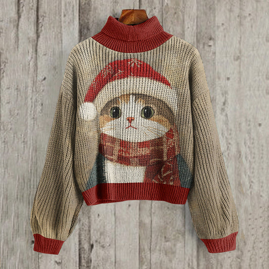 Comstylish Cute Christmas Cat Print Turtleneck Knitted Sweater