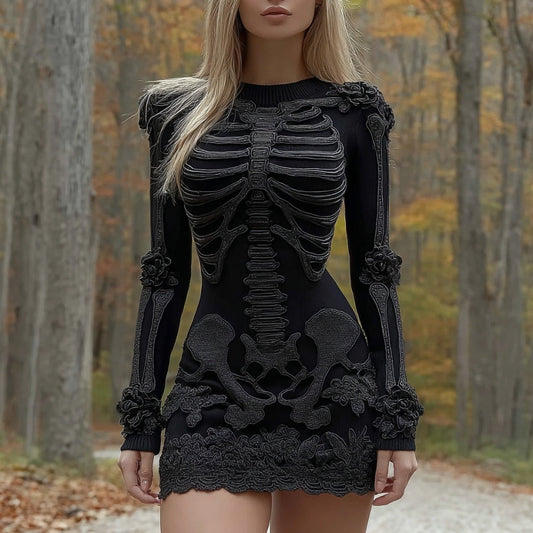 Comstylish Women's Halloween Skeleton Flower Art Embroidery Cozy Knit Mini Sweater Dress