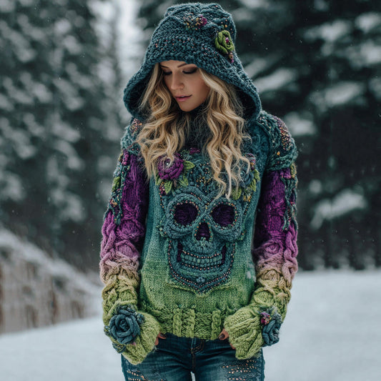 Women's Viking Tribal Jacquard Celtic With Rose And Skull Inspired Chunky Knit Hooded Sweater elevenforest
