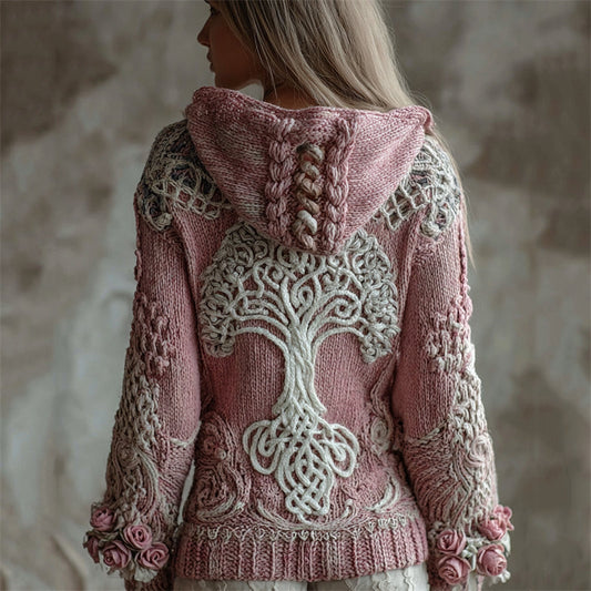 Vintage Pink Roses Viking Tree Of Life Hooded Chunky Sweater elevenforest