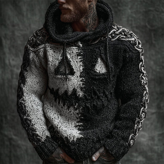 Men's Halloween Pumpkin Face Contrast Stitched Cozy Knit Hooded Sweater elevenforest
