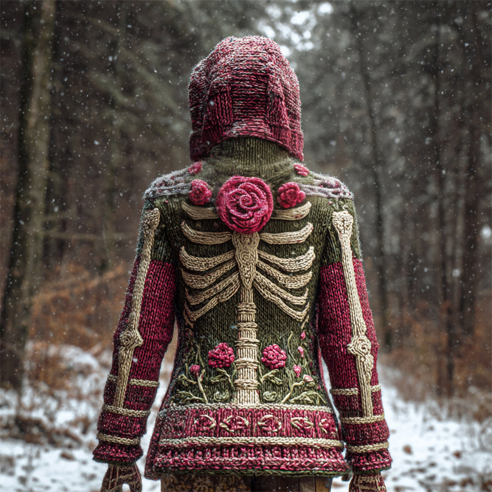 Comstylish Vintage Floral & Skeleton Art Women's Knit Hooded Sweater