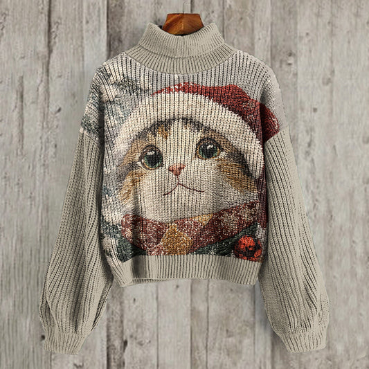 Comstylish Christmas Cat Print Turtleneck Knit Cozy Sweater