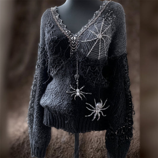 Vintage Gothic Crystal Spiders & Spiderweb Embroidered Cozy Sweater elevenforest