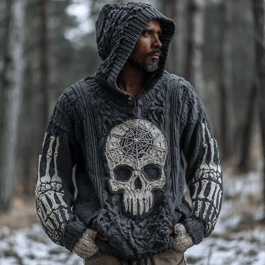Men's Halloween Skeleton And Spider Web Embroidery Vintage Gray Sweater elevenforest