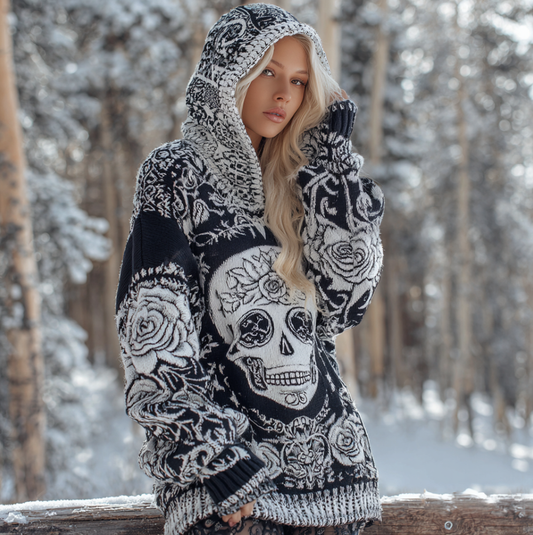 Halloween Skeleton Element Viking Style Women's Hooded Pullover Knit Sweater elevenforest