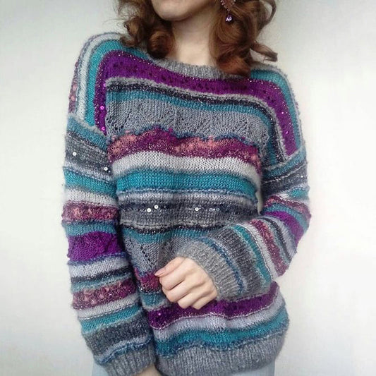Casual Purple Striped Sequin Sweater elevenforest