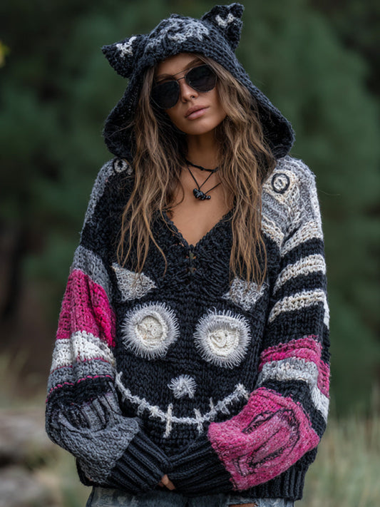 Women's Vintage Halloween Black Cat Knit Hoodie Sweater elevenforest