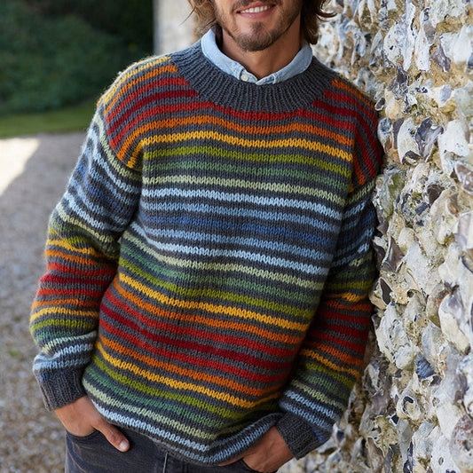Vintage Rainbow Stripe Knit Jacquard Crew Neck Sweater（Unisex） elevenforest
