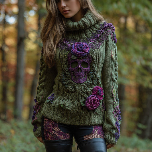 Women's Vintage Sugar Skull And Rose Knitted Jacquard Cozy Warm Turtleneck Sweater elevenforest