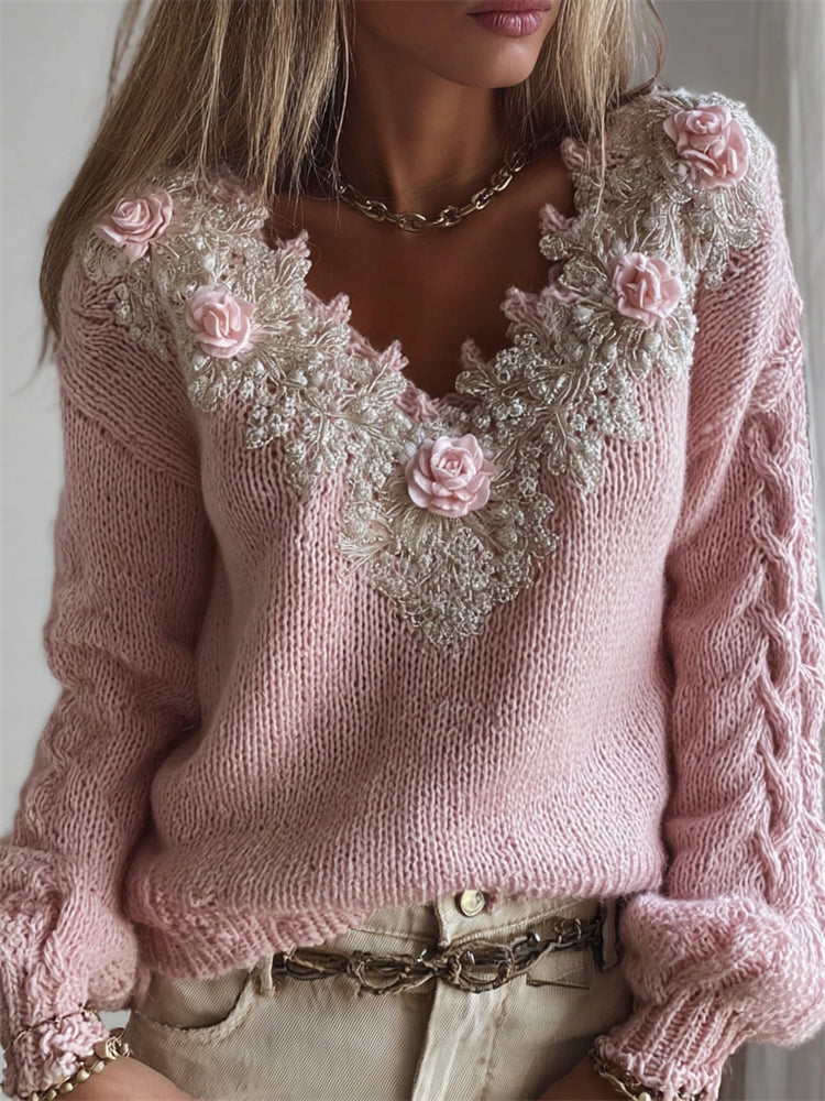 Vintage Pink Roses V Neck Cozy Knit Sweater artswardrobe