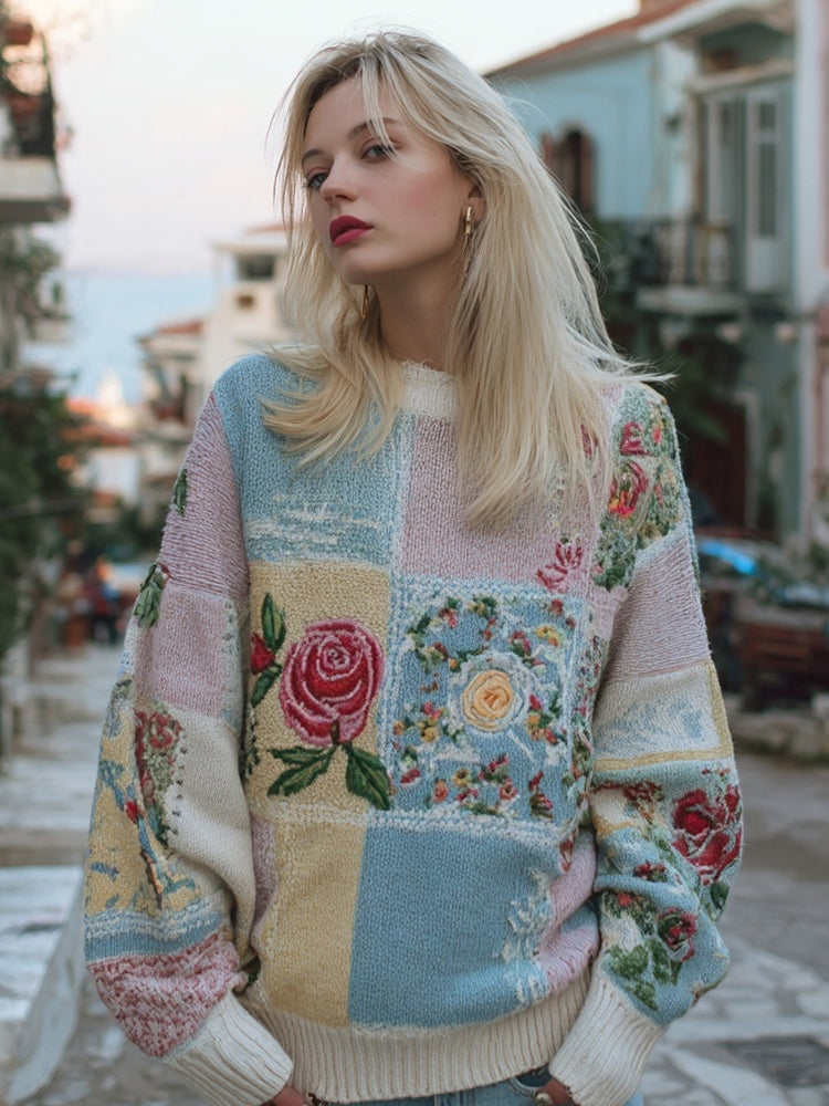 Comstylish Vintage Boho Floral Patchwork Art Cozy Knit Sweater