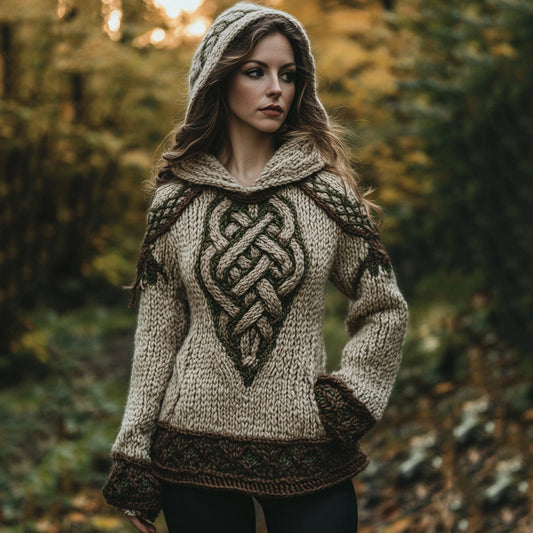 Women's Celtic Knot Retro Contrast Hooded Sweater elevenforest