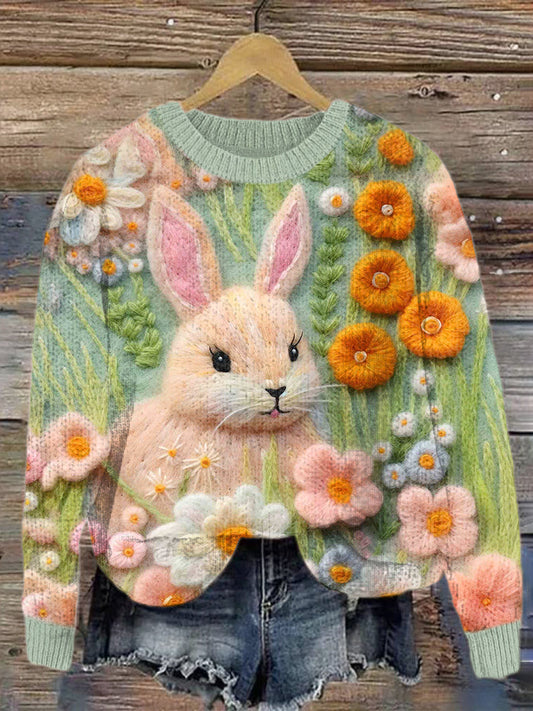 Cute Bunny & Floral Felt Art Cozy Knit Sweater artswardrobe