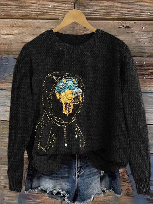 Comstylish Dog In Raincoat Embroidered Cozy Knit Sweater