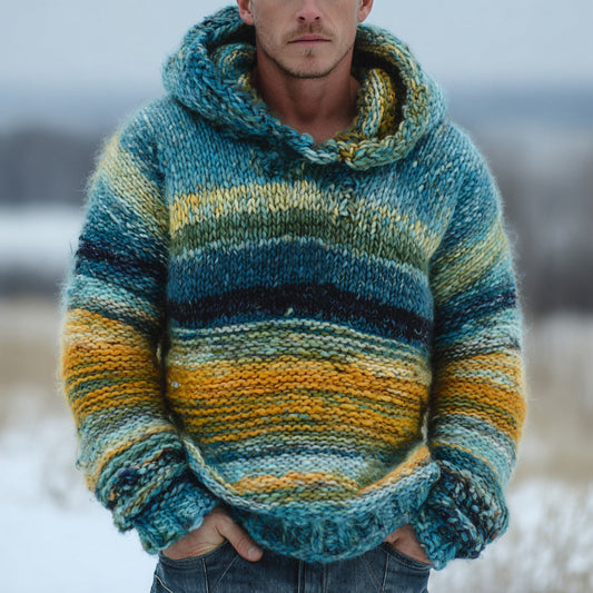 Men's Colorful Striped Contrast Warm Knitted Hooded Sweater artswardrobe