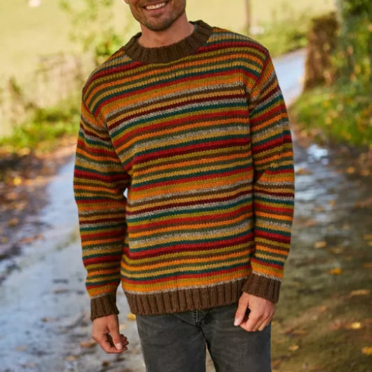 Retro Warm Colorful Striped Knitted Jacquard Iceland Crew Neck Sweater elevenforest