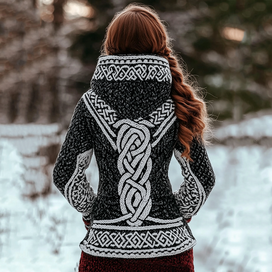 Women's Viking Style Color Block Knitted Jacquard Hooded Sweater elevenforest