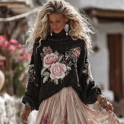 Vintage Rose In White Art Cozy Knit Turtleneck Sweater And Linen Skirt Two-piece Set elevenforest