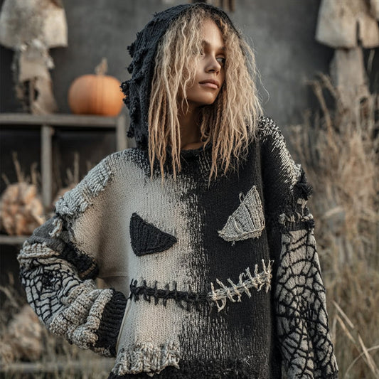 Women's Halloween Pumpkin Face Black And White Retro Stitching Hooded Sweater elevenforest