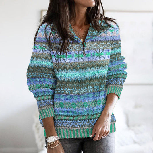 Vintage Ethnic Wavy Jacquard Contrast Print Stand Collar Zipper Sweater elevenforest