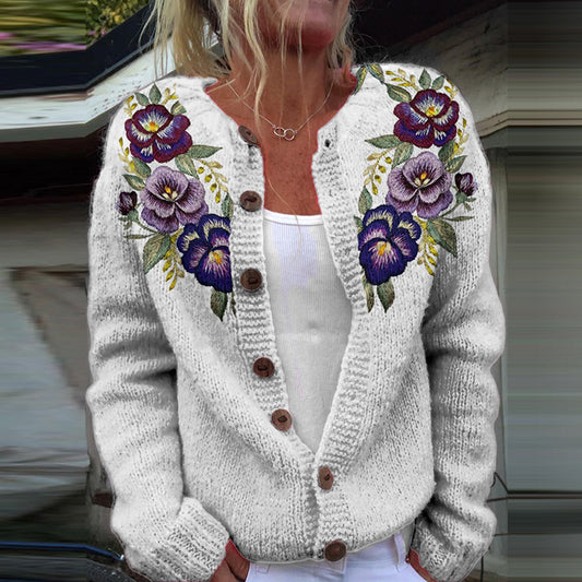 Vintage Embroidery Floral Art Knit Button Sweater elevenforest