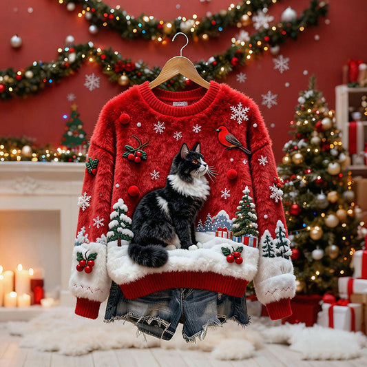 Women's Christmas Cat-themed Plush Sweater