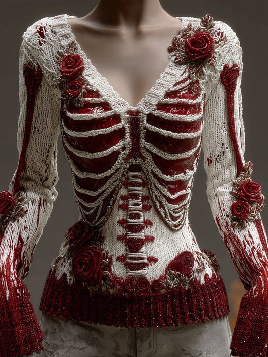 Comstylish Vintage Skeleton Bloody Roses V Neck Knit Sweater