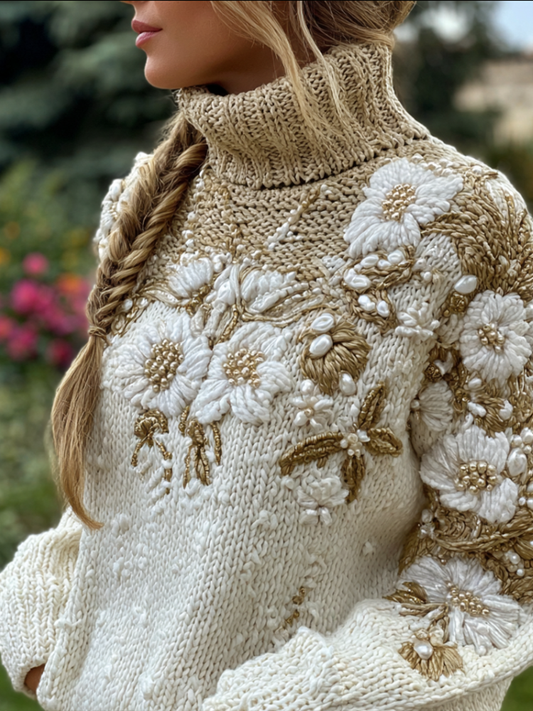 Women's Autumn And Winter Meillard Style And Bohemian Style Plant Flower Embroidery High Neck Thick Sweater elevenforest