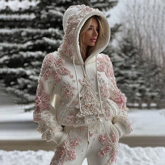 Women's Pearl Christmas Tree Art Zip-up Cozy Hooded Sweater artswardrobe
