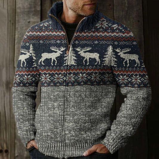Men's Retro Tribal Reindeer Merry Christmas Deer Pattern Zipper Sweater elevenforest