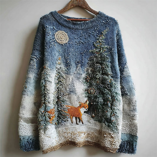 Comstylish Fox Snowy Forest Night Cozy Fuzzy Knit Sweater