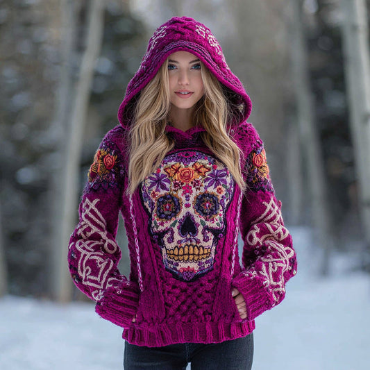 Women's Vintage Tribal Celtic Skull Art Knit Hooded Sweater artswardrobe