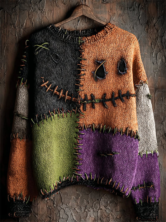 Halloween Stitched Face Colorblock Cozy Knit Sweater elevenforest