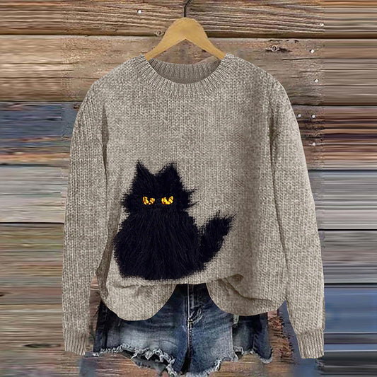 Cute Black Cat Embroidery Art Cozy Sweater elevenforest
