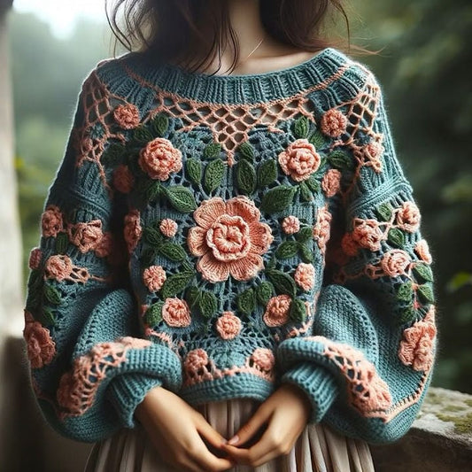 Classic Thick Knitted Crochet Floral Contrast Sweater elevenforest
