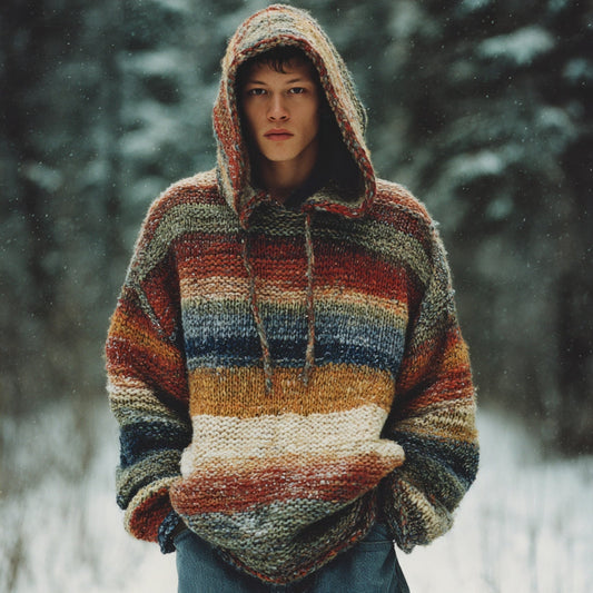 Men's Retro Colorful Striped Art Knit Hooded Sweater elevenforest