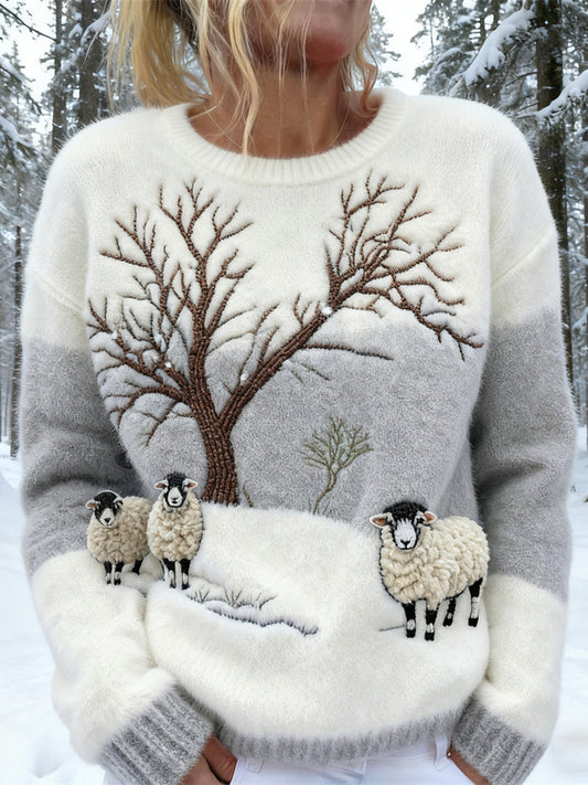 Sheep Snow Scene Forest Women's Knit Sweater artswardrobe