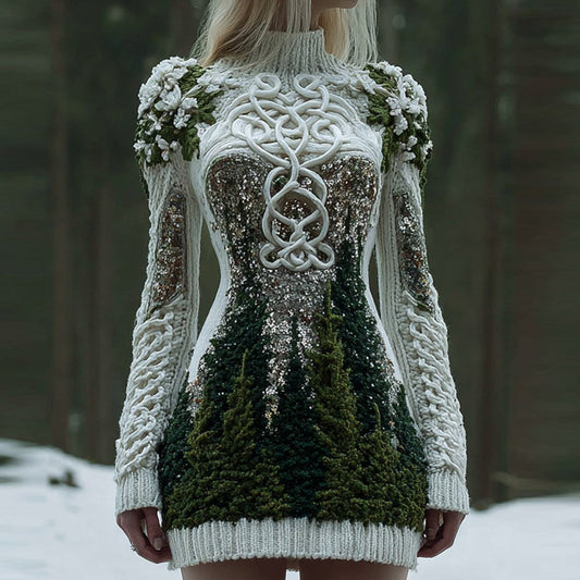 Comstylish Women's Christmas Tree Forest And Floral Celtic Knot Sequins Knit Turtleneck Mini Sweater Dress
