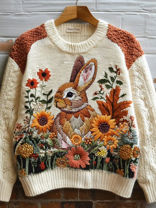 Fall Bunny Floral Embroidered Vintage Cozy Knit Sweater artswardrobe