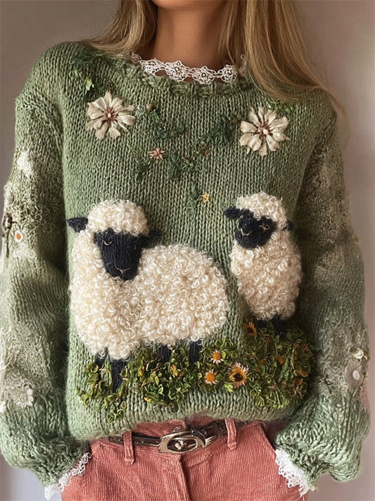 Vintage Fuzzy Sheep Floral Embroidered Cozy Knit Sweater elevenforest