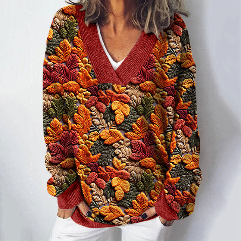 Autumn Leaves Art Print V-Neck Cozy Knit Sweater artswardrobe