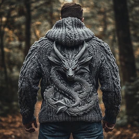 Men's Dragon Viking Chunky Knit Hooded Sweater artswardrobe