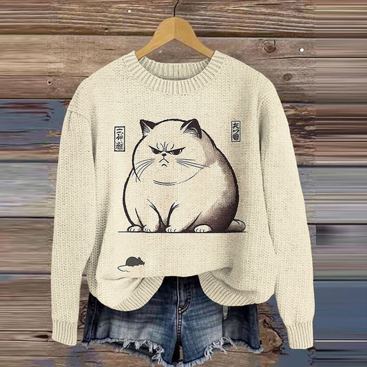 Vintage Cat And Mouse Japanese Art Print Art Cozy Knit Sweater elevenforest