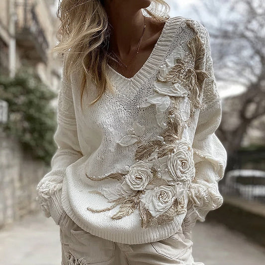 Women's White Rose Knitted Warm V-neck Sweater elevenforest
