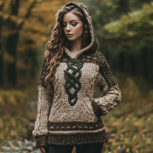 Women's Irish Celtic Knotted Jacquard Pocket Hooded Sweater elevenforest