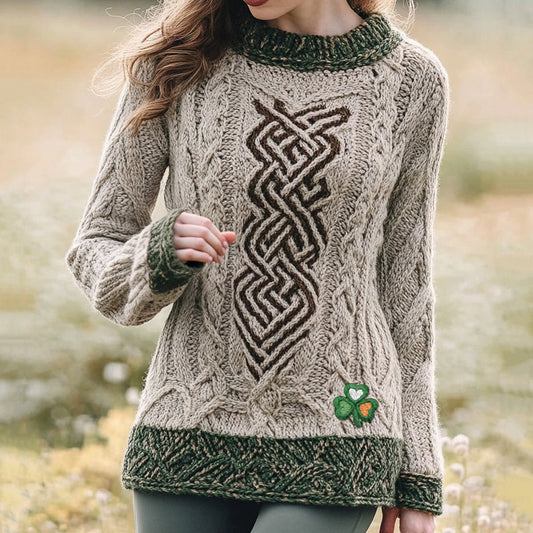 Women's Celtic Knot Jacquard Contrast Shamrock Embroidered Sweater elevenforest