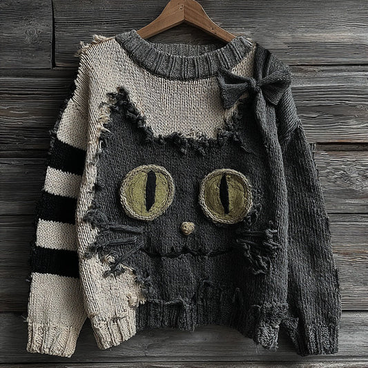 Comstylish Halloween Cute Black Cat Striped Knitted Crew Neck Sweater